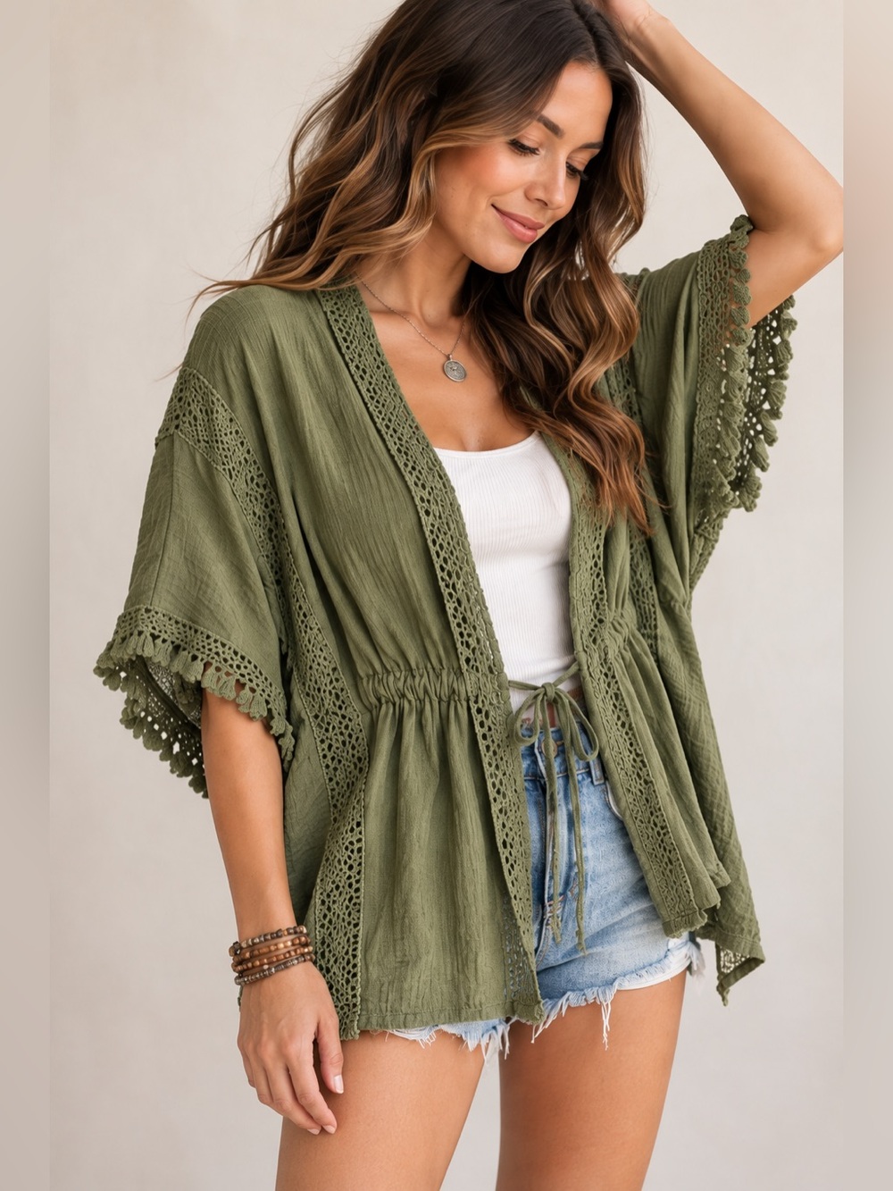 BCBGMAXAZRIA Olive Green Boho Crochet Fringe Kimono Cardigan